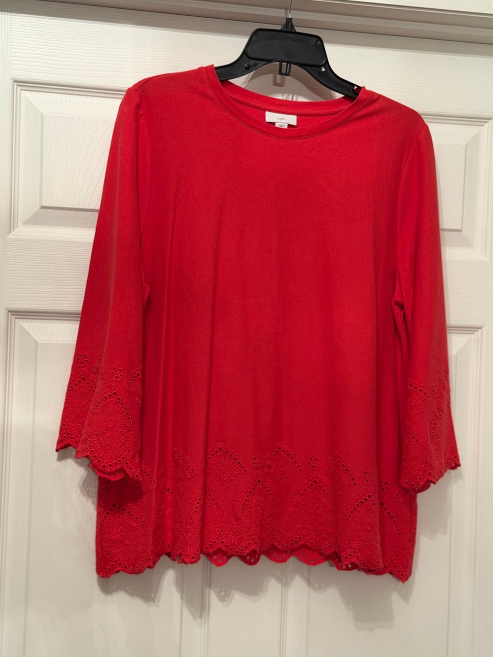 J. Jill red 100% cotton tunic with cutout pattern and 3/4 sleeves Size Large